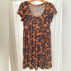APT.9 Brown orange floral Round Neck Short Sleeve Knee Length pull on Dress.S/M